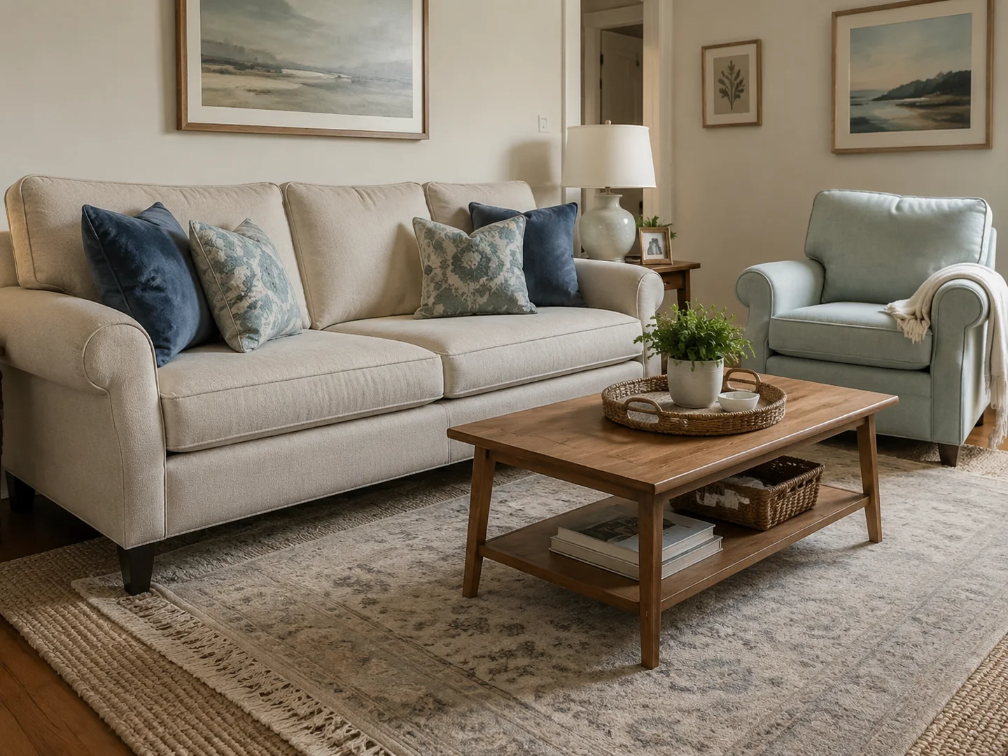 Editorial neutral sitting area with clean upholstery and a layered rug